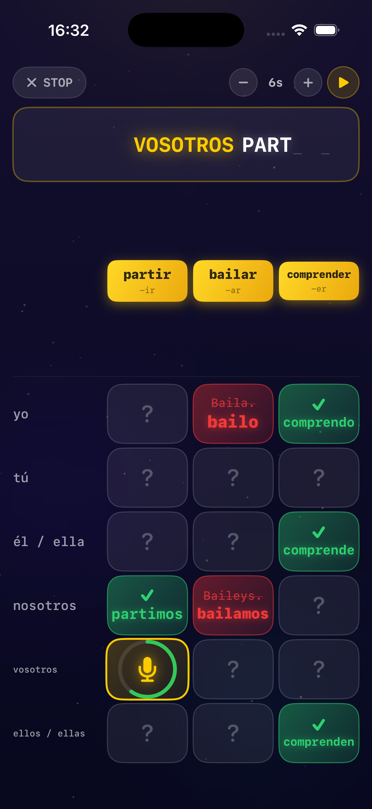 Verb conjugation game grid